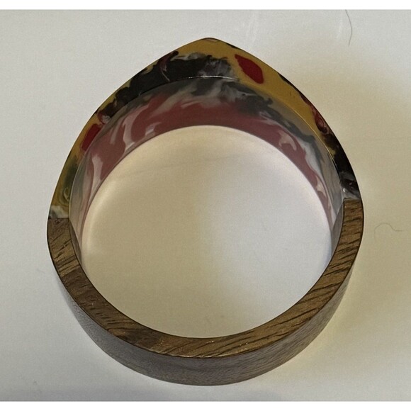 Vintage Resin Wood Chunky Statement Boho Bangle Bracelet Angular Inlay - Picture 11 of 12